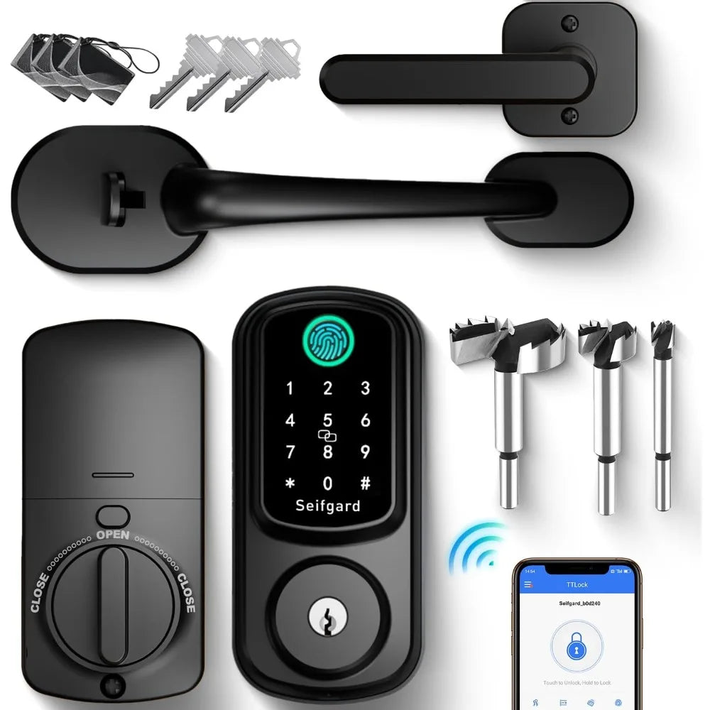 Keyless Entry Door Lock with Handle Set, Smart Door Lock for Front Door with Woodworking Flat Wing Drill, Electronic Keypad Dead