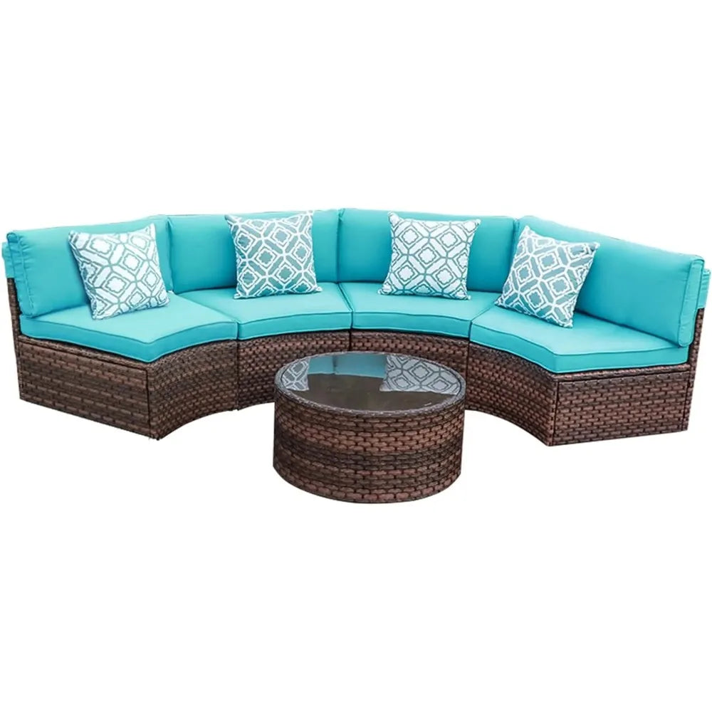 5 Piece Patio Furniture Set Half-Moon Outdoor All-Weather Wicker Sofa with Coffee Table, Brown Rattan Turquoise