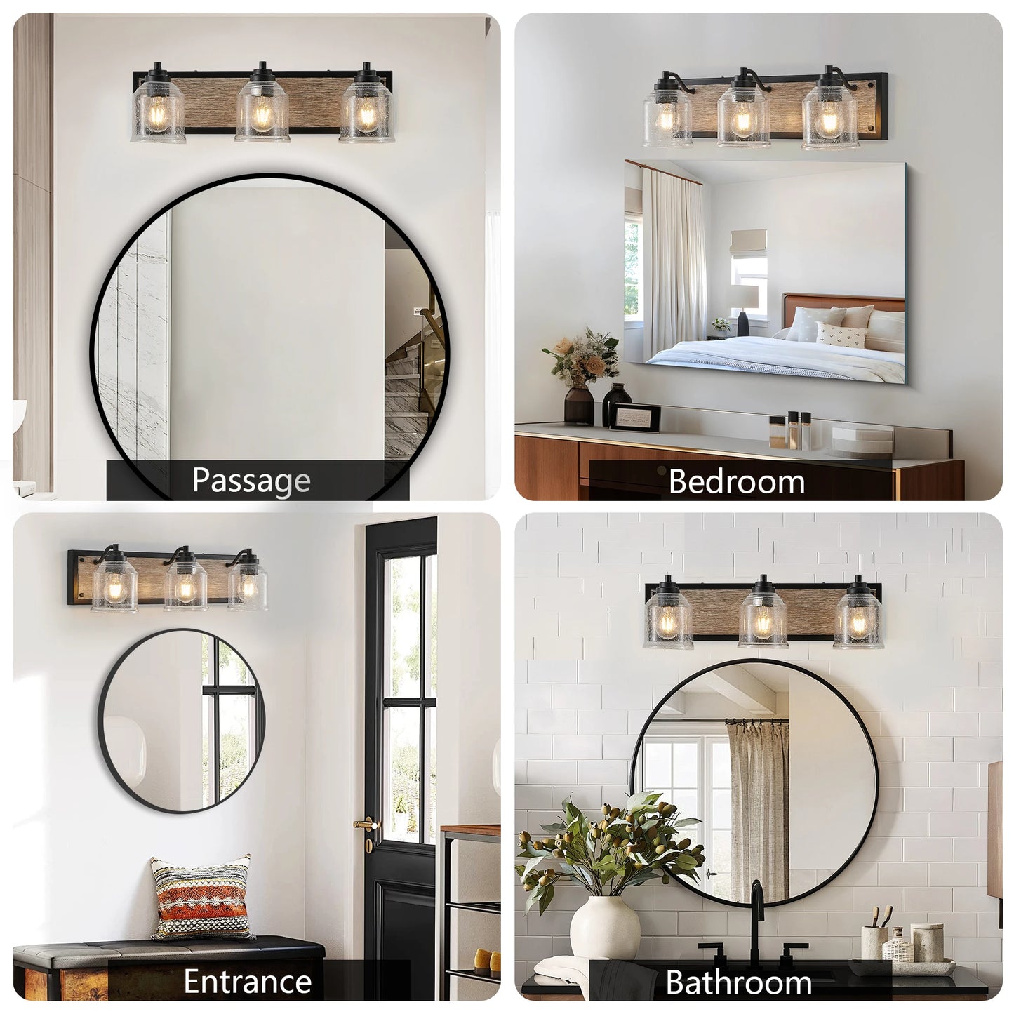 23" Farmhouse Vanity Light Fixture, 3-Light Bathroom Wall Sconce with Clear Seed Glass Shades, Black and Wood Grain Finish