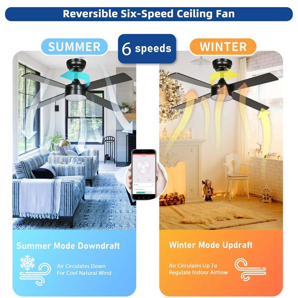 48 Inch Modern Black LED Ceiling Fan with Remote Control Alexa Compatible Reversible Quiet Motor Indoor Outdoor Use