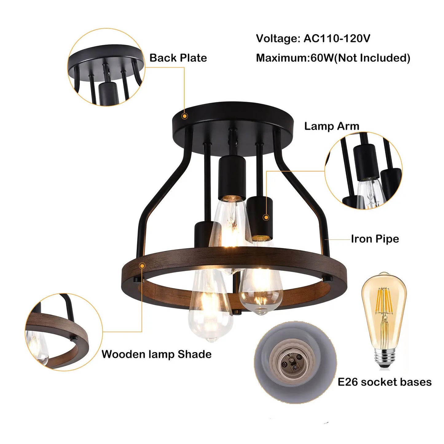 Retro Ceiling Light Farmhouse Hanging Lighting Bedrooms Pendant Lamp Chandelier