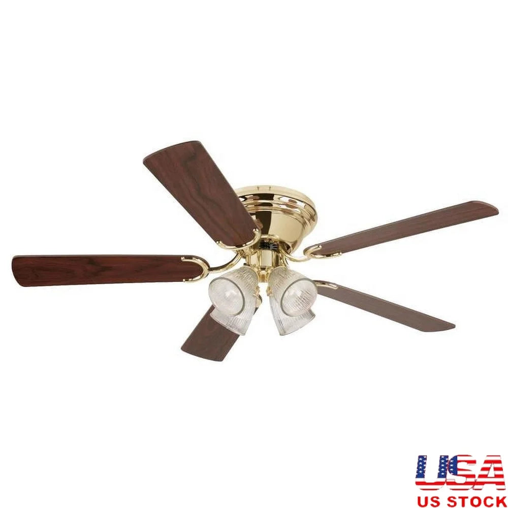 Indoor Ceiling Fan 52 Inch Polished Brass Light Fixture with LED Bulbs Clear Ribbed Glass Shades Energy Efficient Airflow Home