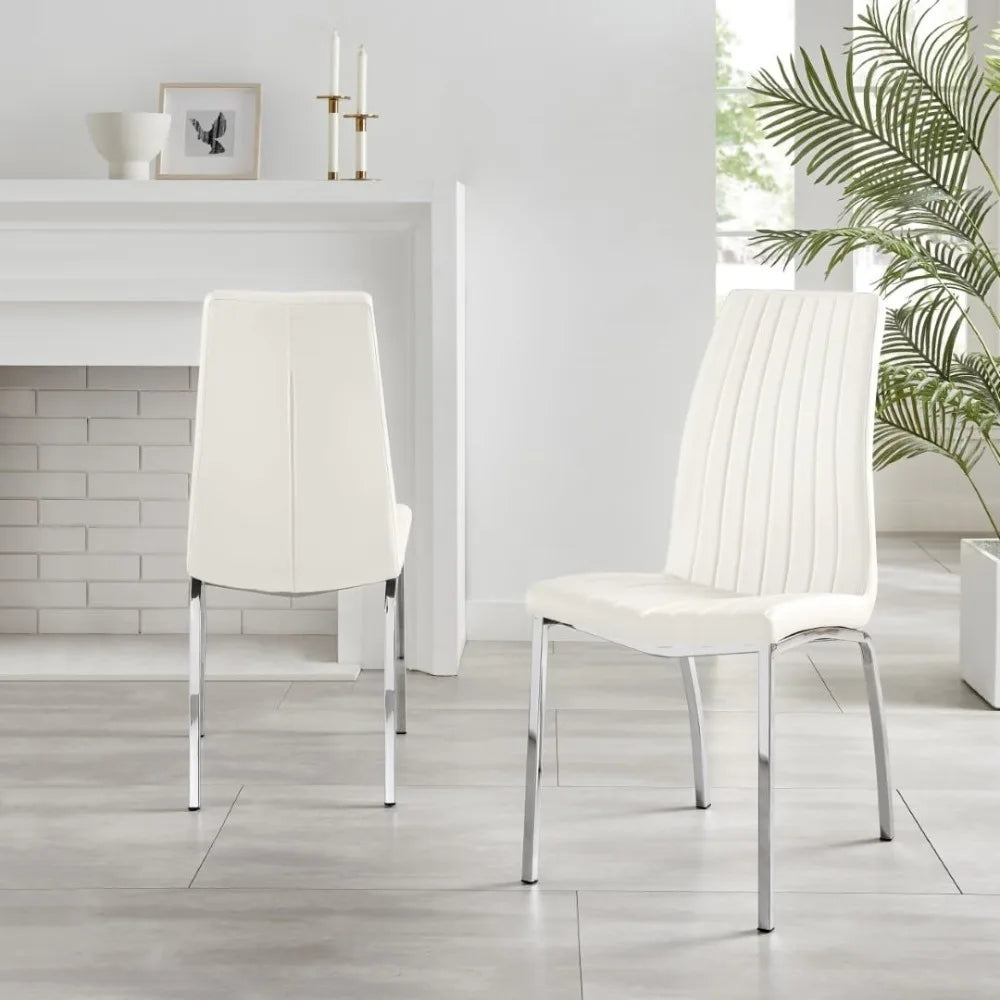 Dining Chair Set of 2 - ISCO Faux Leather Upholstered White Dining Chairs with Silver Chrome Legs