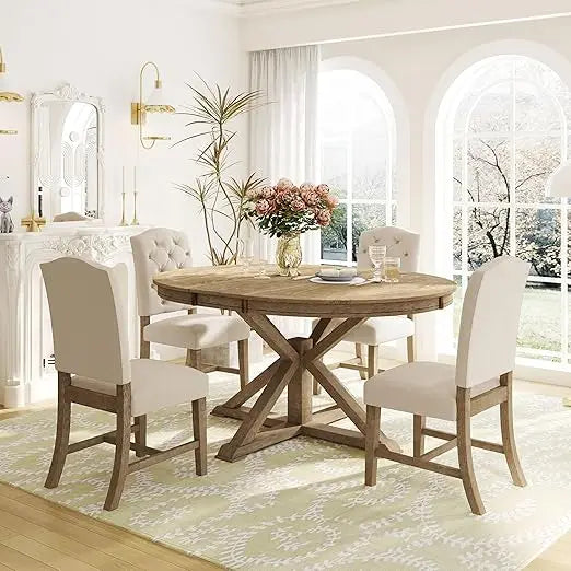 5-Piece Solid Wood Dining Table Set for 4, Extendable Round Kitchen Table Set with 4 Upholstered Chairs, Farmhouse Dining Sets f