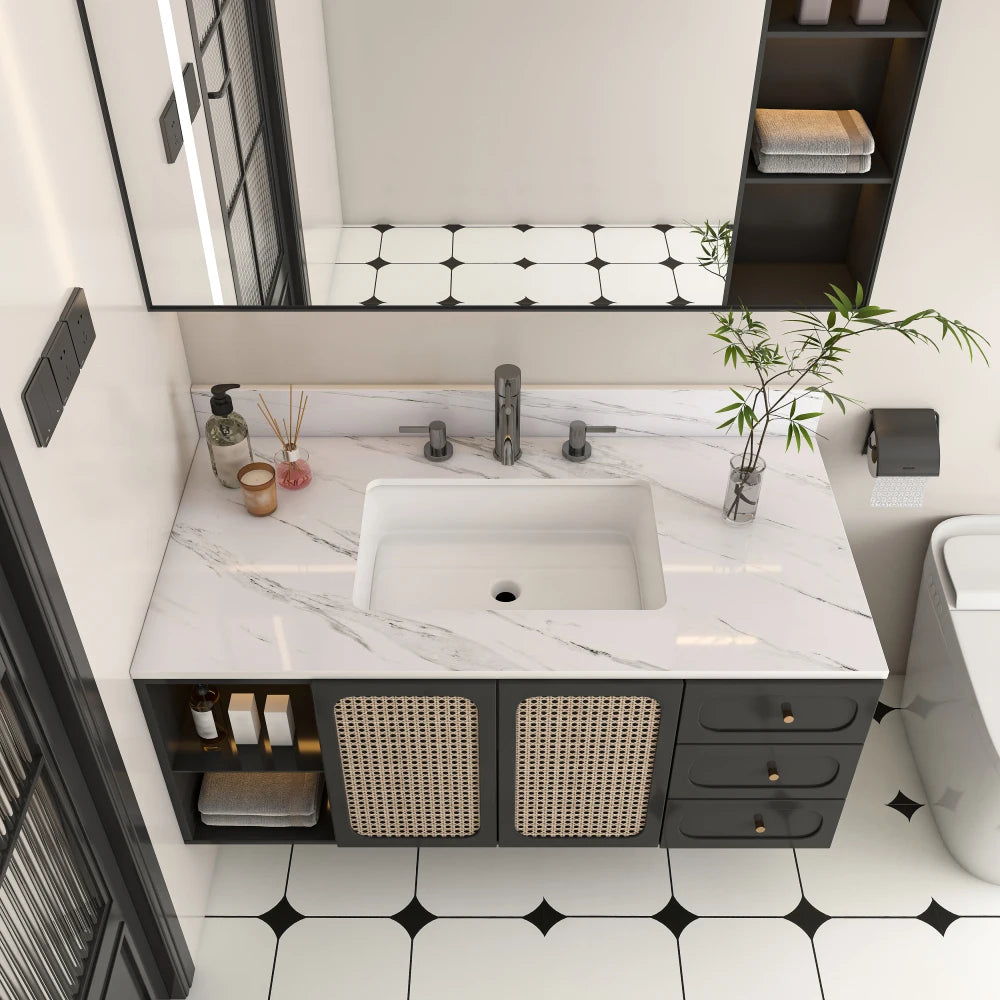 43 Inch Marble Vanity Top, White Vanity Top with 3 Pre-drilled Faucet Holes, Bathroom Vanity Top with Undermount Rectangular
