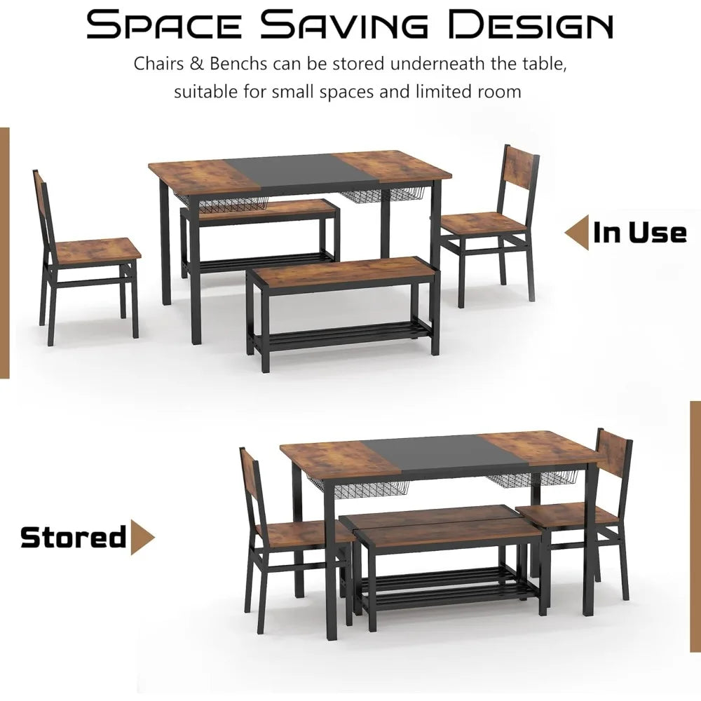 Dining Table Set for 4-6 People,Industrial Dining Table with 2 Benches and 2 Chairs,Kitchen Table Set with Storage Rack for Dini