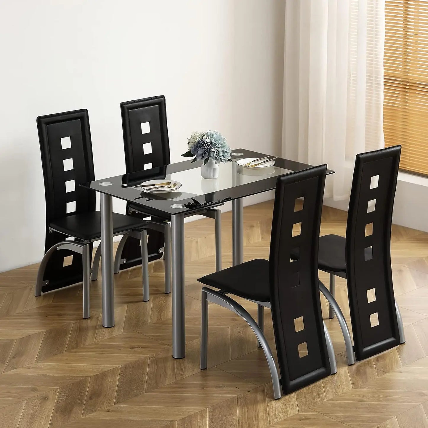 5-Piece Dining Table Set with 1 Glass Dining Table and 4 PVC Chairs, Modern Dining Table Set Living Room