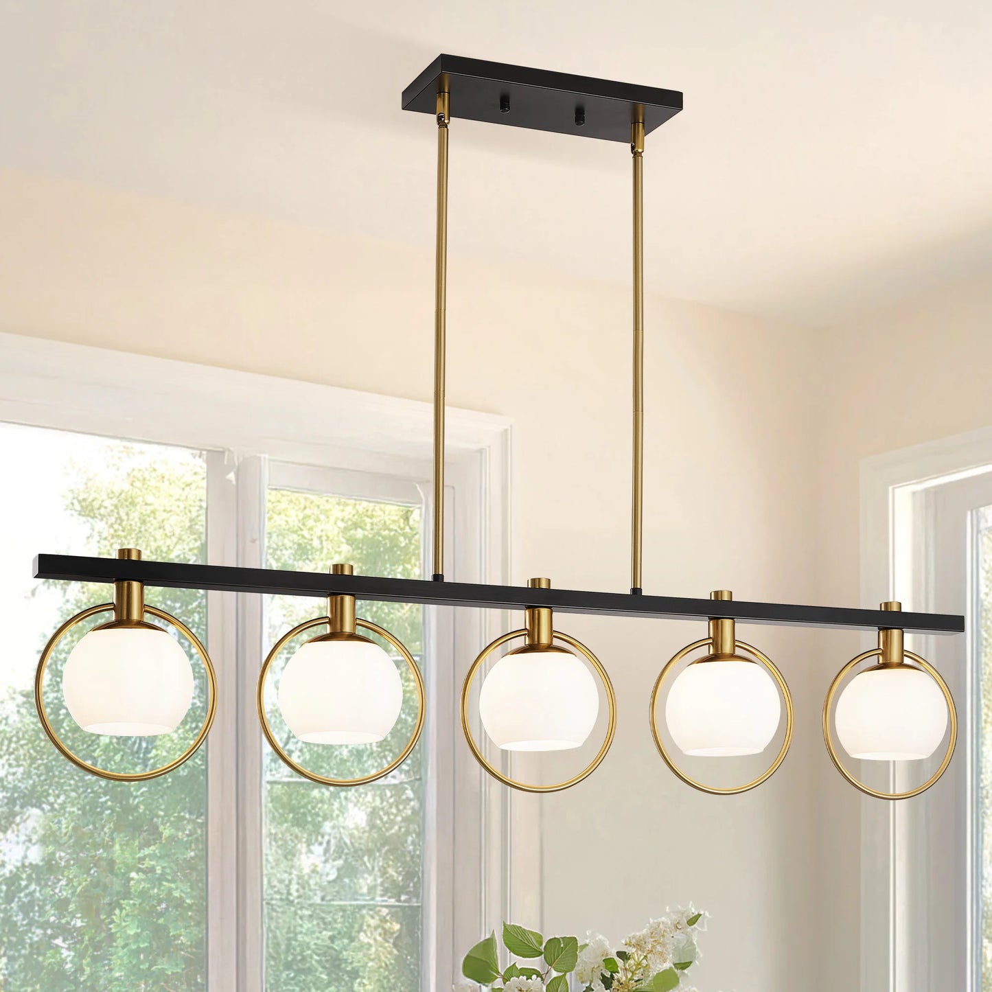 Modern 5-Light Adjustable Chandelier with Glass Shades Black Metal Frame Pendant Light Fixture Hanging Lighting for High Ceiling