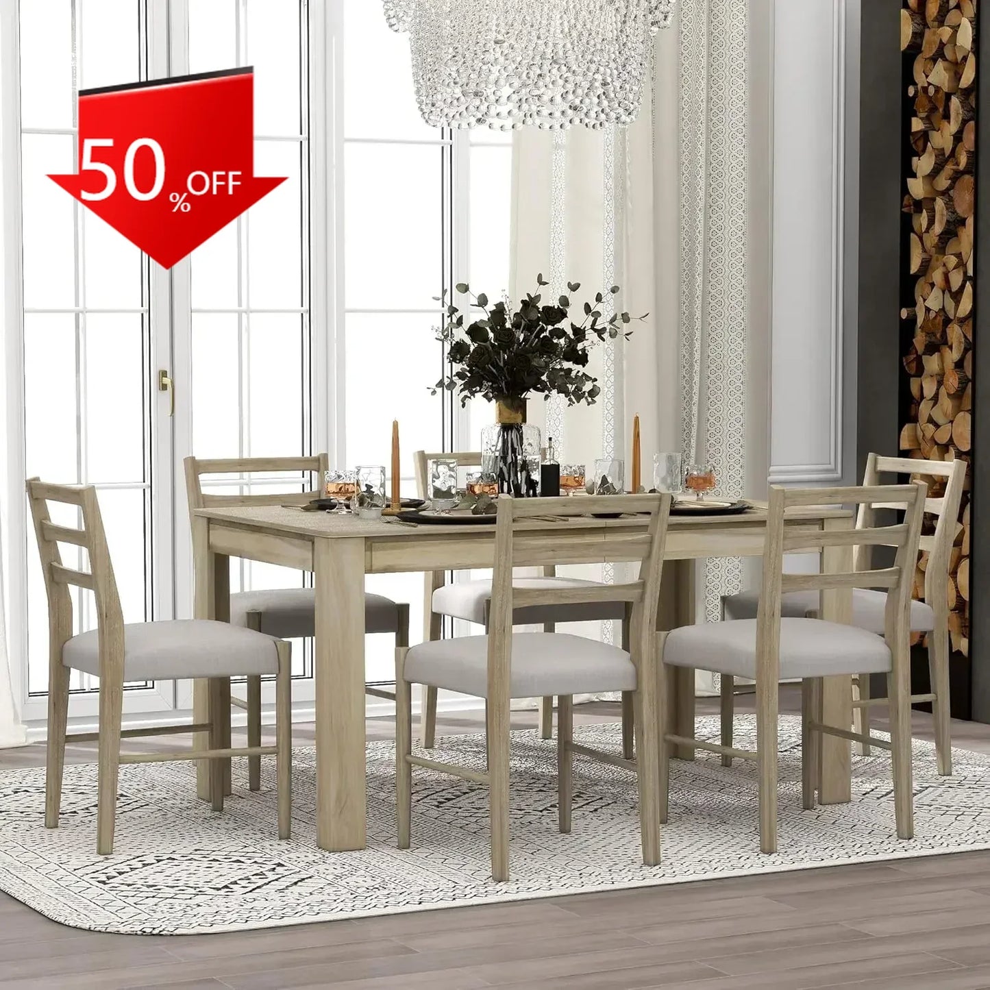 7 Pieces Wooden Dining Table Set Rectangle Extendable Table with 12” Leaf and 2 Drawers, 6 Dining Chairs with Soft Cushion