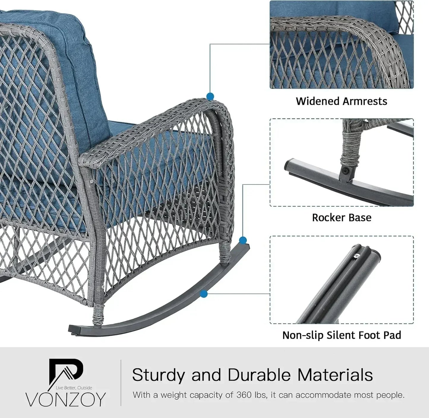 Patio Furniture Set 3 Pieces, Wicker Rocking Bistro Set with Thick Cushions, Outdoor Rocker Chairs and Coffee Table for Porch