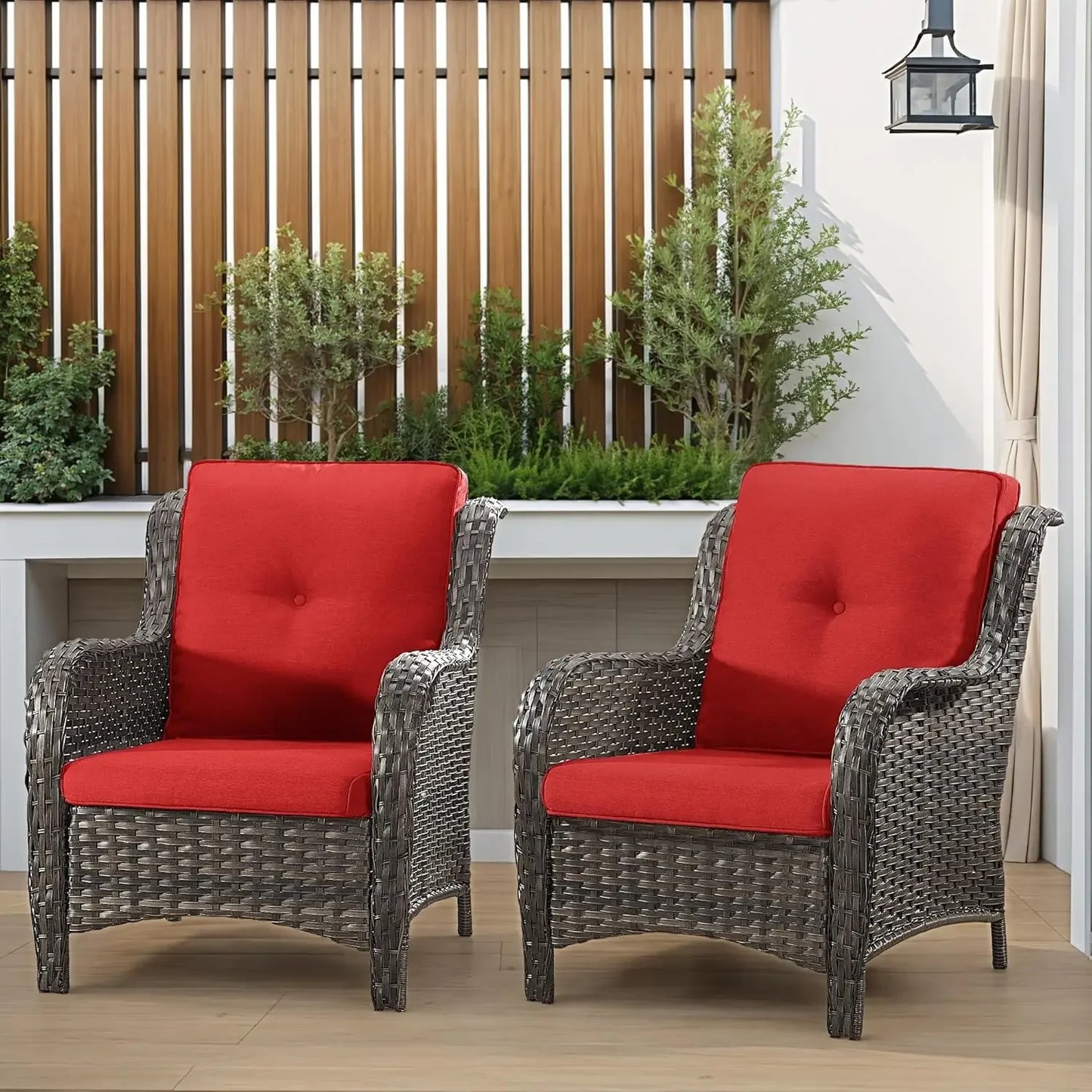 Patio Wicker Patio Chairs Set of 2, Outdoor Dining Chairs with 3.5-inch Seat Cushions, High Back and Curved Armrest for Garden