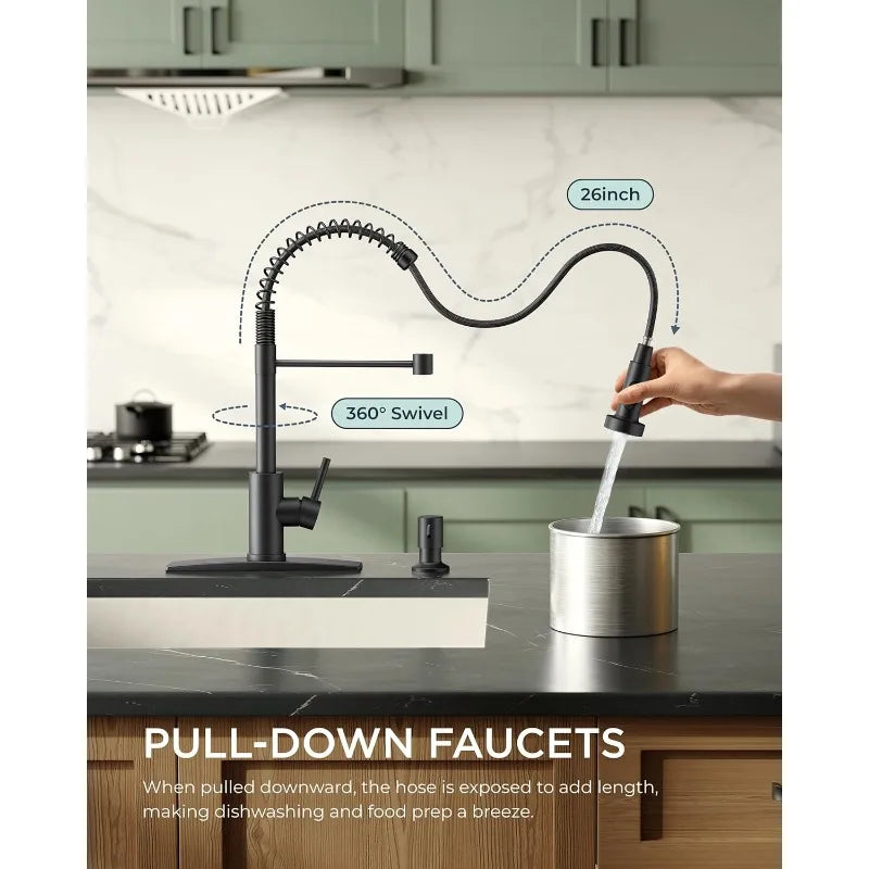 FORIOUS Black Kitchen Faucet, Kitchen Sink Faucet with Pull Down Sprayer,Commercial Kitchen Faucets StainlessSteel,Single Handle