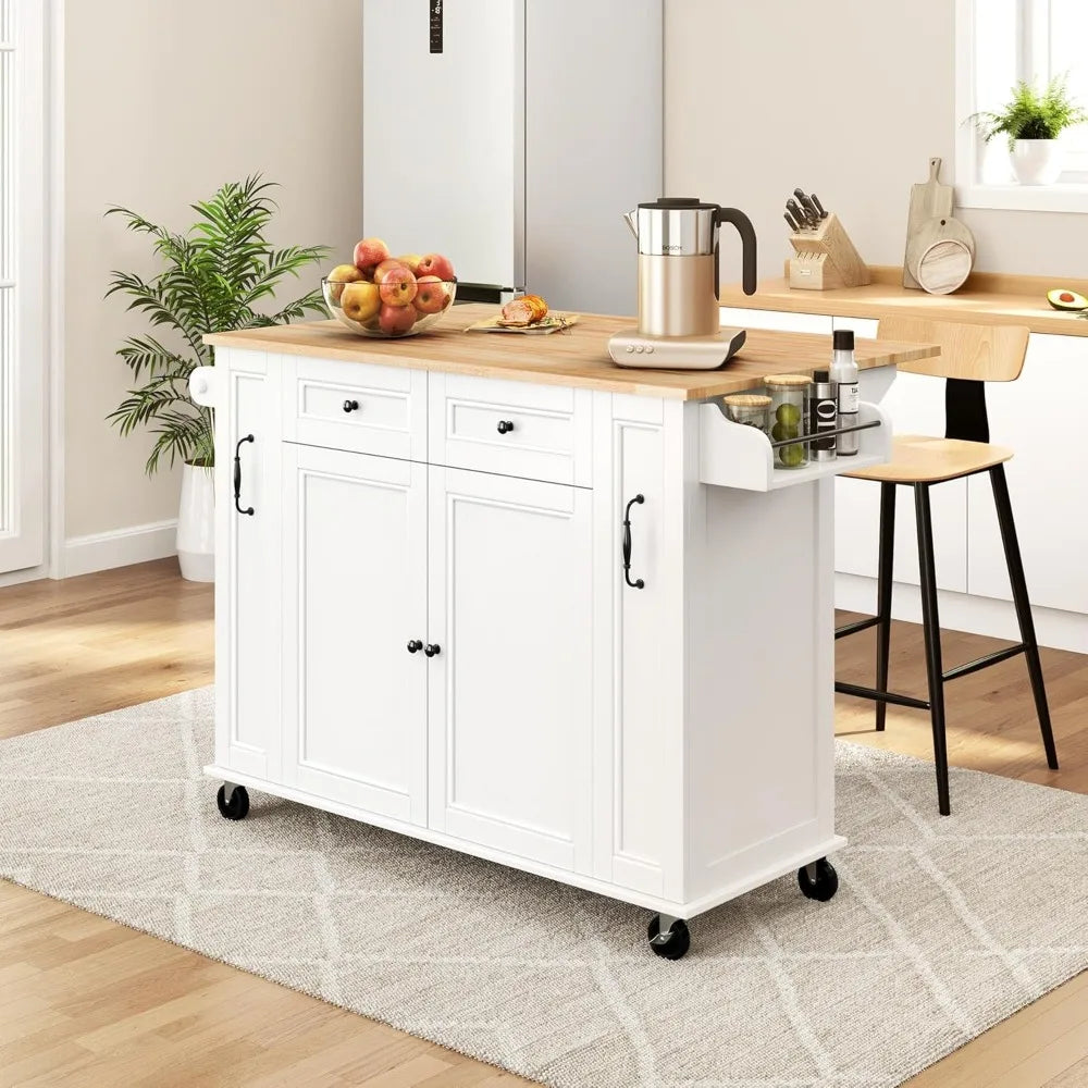 52"W Kitchen Island with Drop-Leaf Breakfast Bar and 2 Pull-outs, Kitchen Cart on Lockable Wheels with Rubberwood Top & 2 Drawe