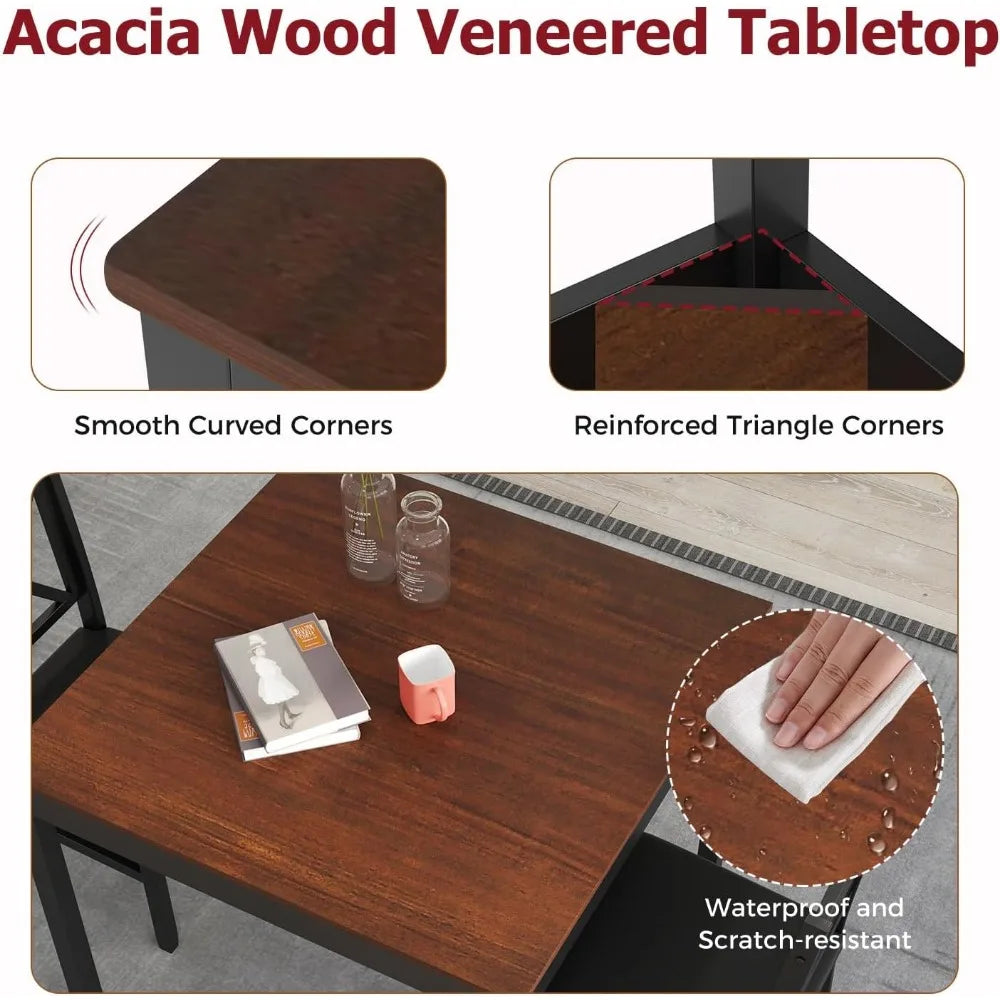 Mid-Century Modern Dining Table Set for 2, Wooden Kitchen Table & 2 Chairs with Padded Seats, 3-Piece Compact Dining Set for Sm