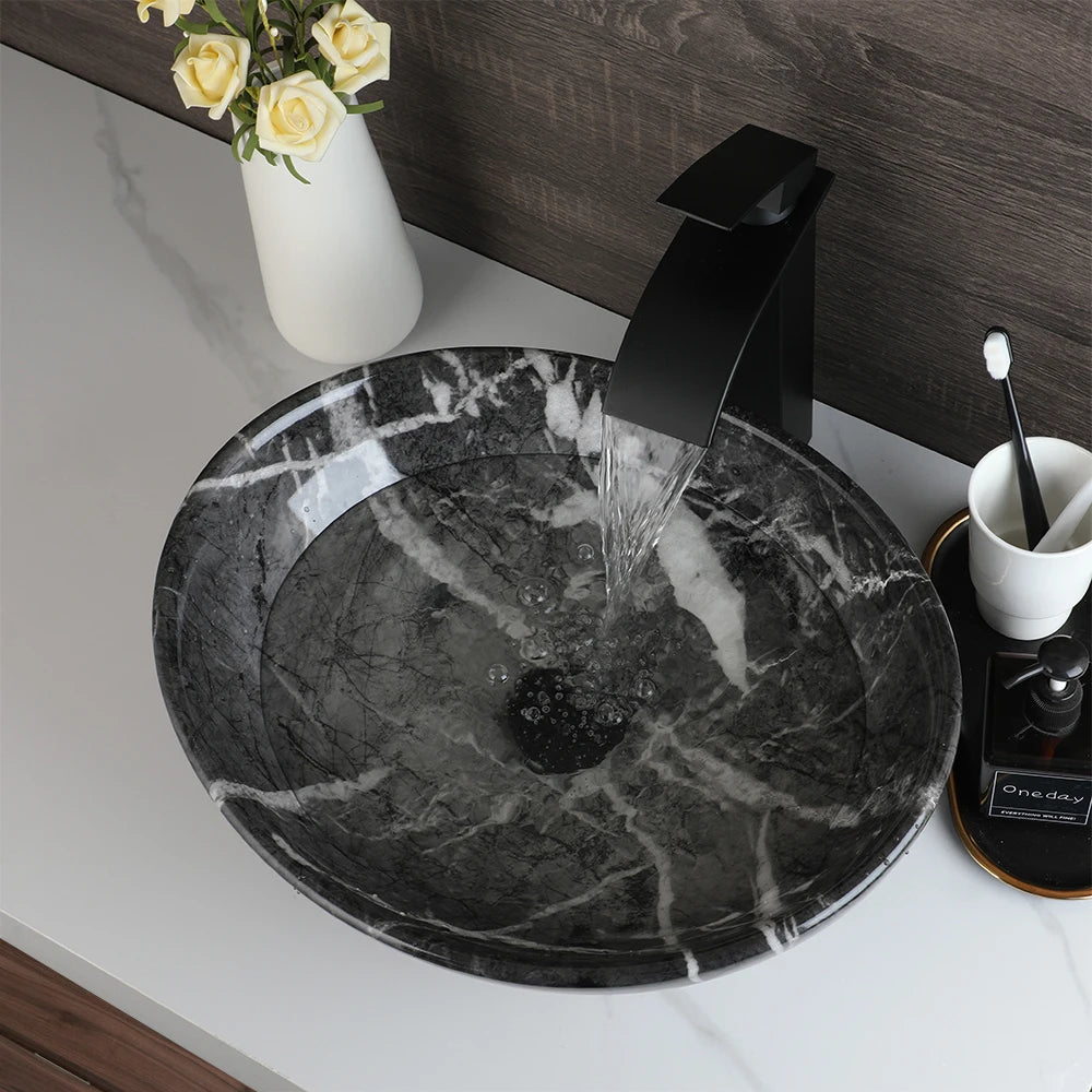 Torayvino Bathroom Basin Sink Faucet Combo Ceramic Lavatory Above Counter Art Basin Vanity Sink Matter Black Faucet Mixer