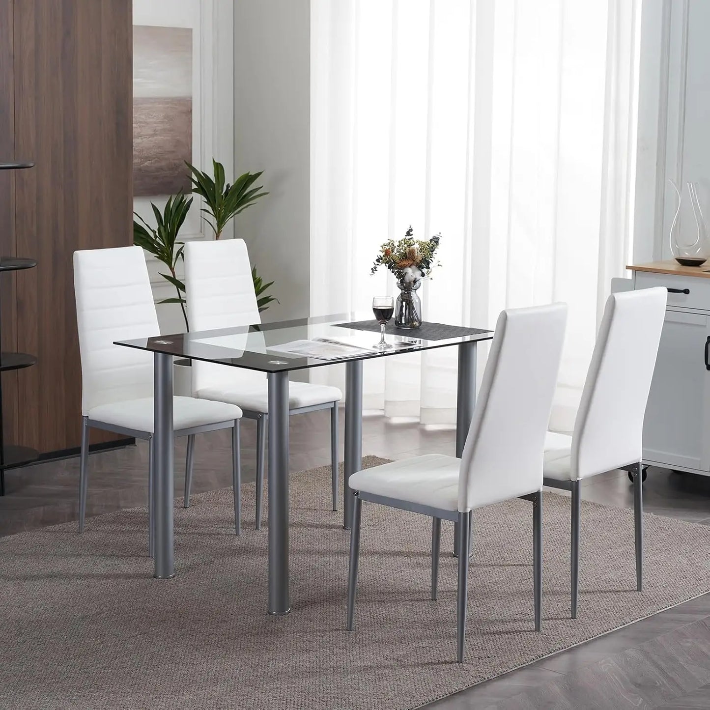 5-Piece Dining Table Set with 1 Glass Dining Table and 4 PVC Chairs, Modern Dining Table Set Living Room