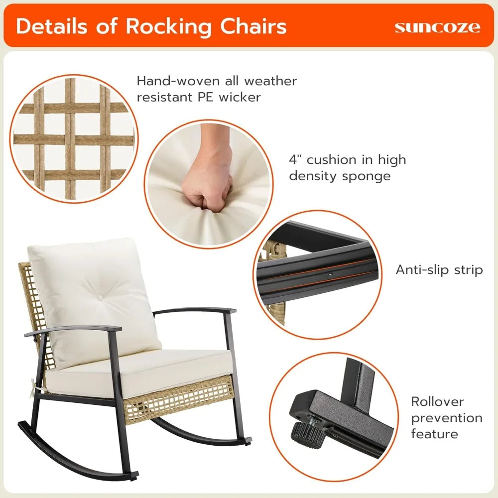 3 Piece Patio Furniture Set, Outdoor Rocking Chairs Set of 2 with Coffee Table, Patio Bistro Set Patio Rocking Chair Ove
