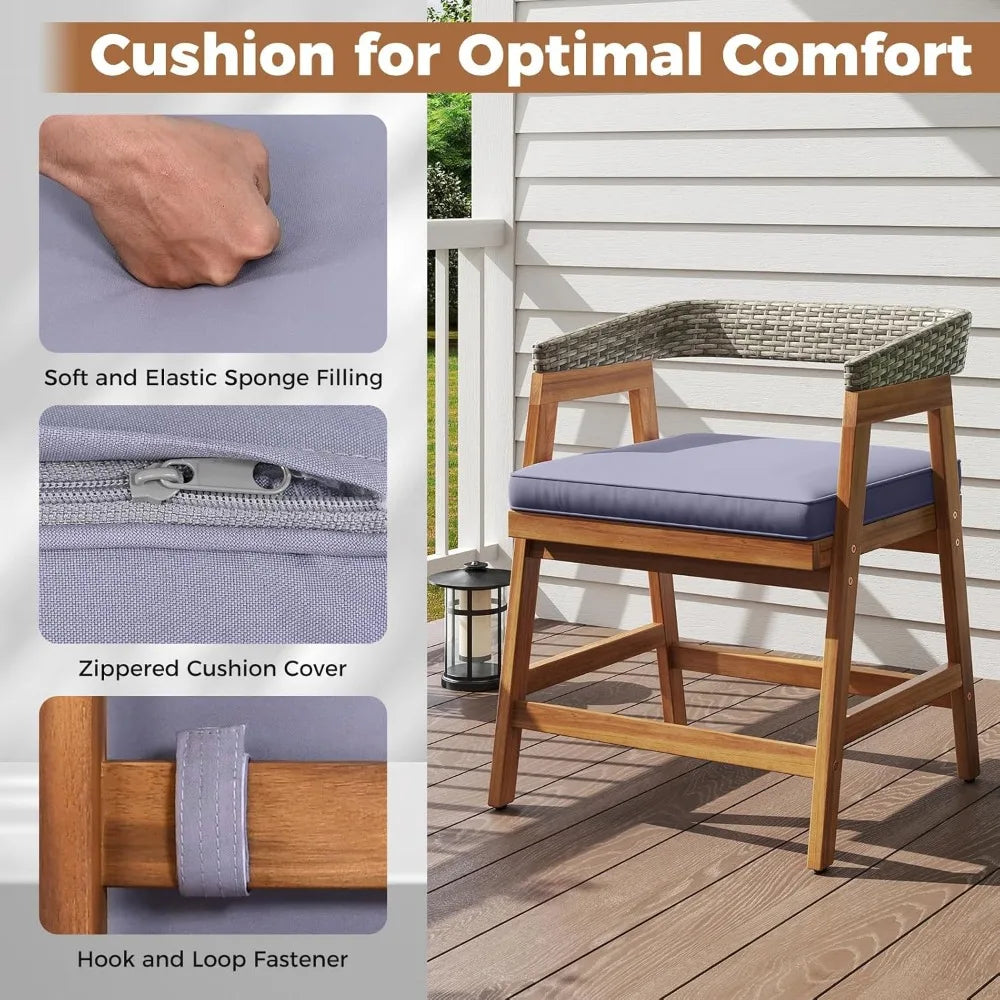 5 piece patio dining set for 4, outdoor solid wood round table with cushioned chairs, for deck, lawn, garden and poolside