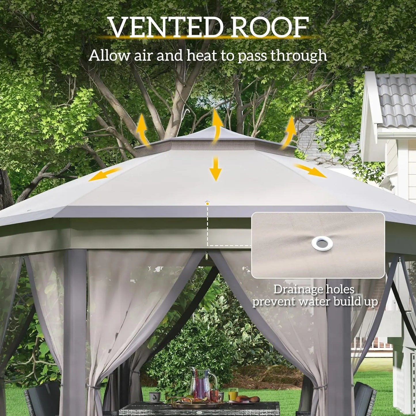 13' x 13' Pop Up Gazebo, Hexagonal Canopy Shelter with 6 Zippered Mesh Netting, Event Tent with Strong Steel Frame for Patio