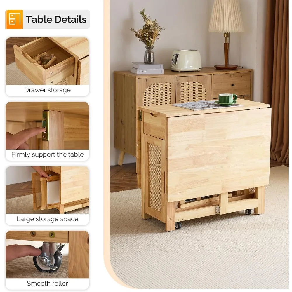 5-Piece Folding Dining Table Set, Extendable Drop Leaf Solid Wood Table with 4 Chairs, Drawers & Wheels, Space-Saving Design fo