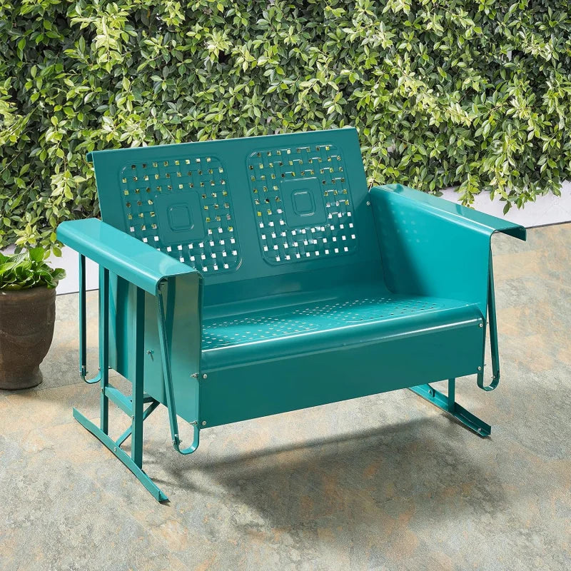 Bates Retro Metal Outdoor Loveseat Glider, 2-Person Rocking Patio Bench for Porch, Deck, Turquoise Gloss