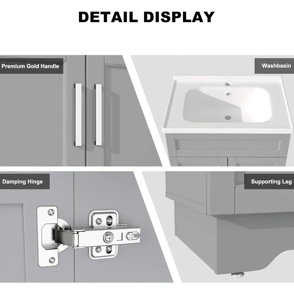 Bathroom Vanity with Ceramic Sink, Wooden Double Door Bathroom Storage Vanity with 24 Inch, Small Quick Assembly Bathroom