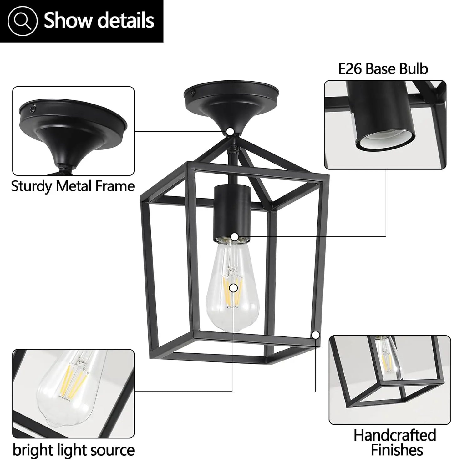 Black Industrial Ceiling Light - Farmhouse Metal Semi-Flush Fixture for Kitchen, Dining Room & Hallway (2-Pack)
