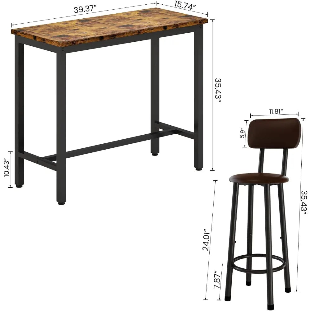 Bar Table Set of 2,39.3" Pub Height Table & 2 PU Upholstered Stools with Backrest,Industrial 3 Piece Breakfast Bar Table Sets,f