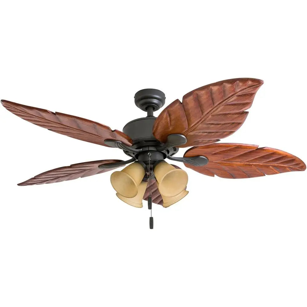 Tropical Ceiling Fan with Light Energy Efficient Hand-Carved Wooden Blades Quiet Reversible Motor Medium Large Rooms