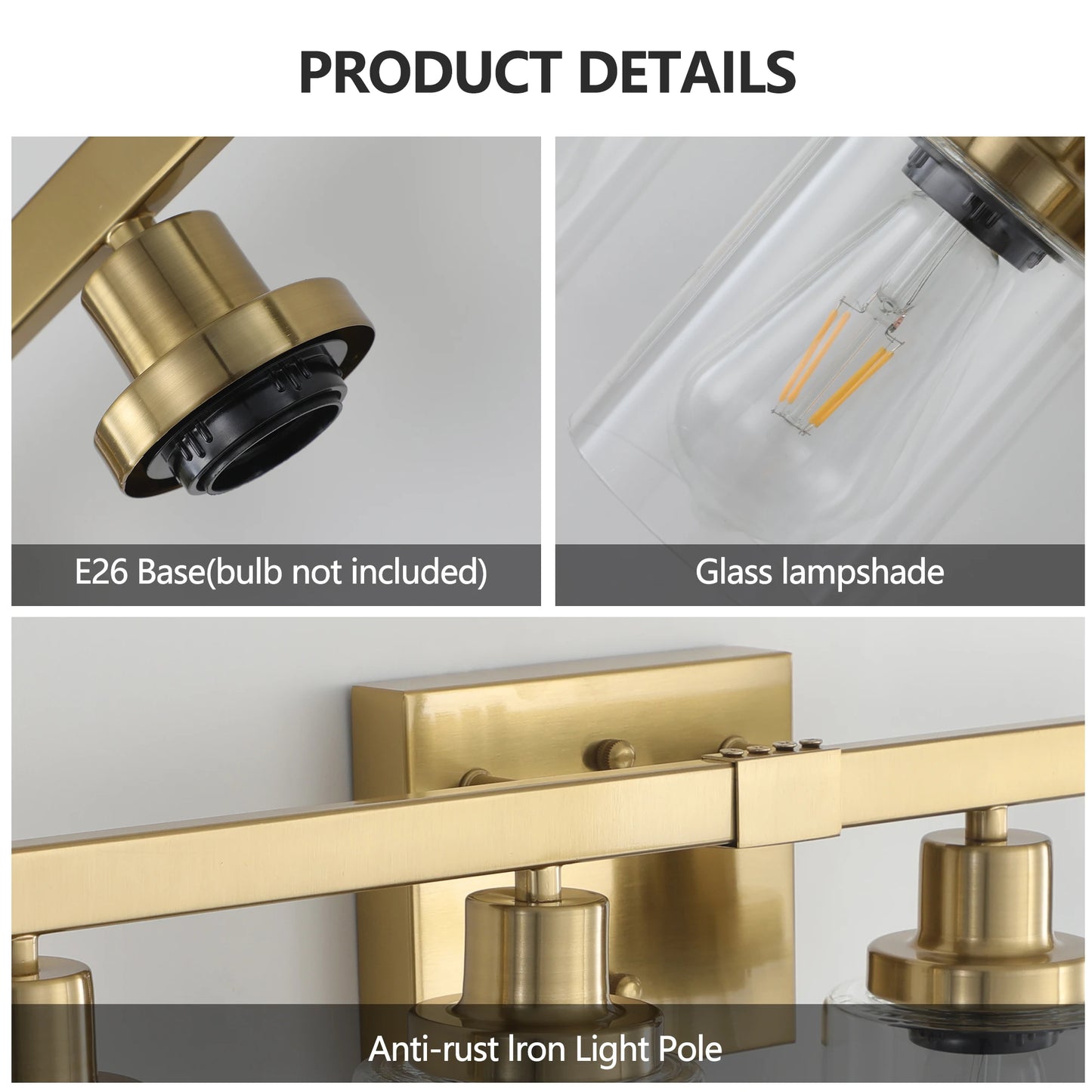 Golden 4-Light Vanity Light with Clear Glass Shades, Modern Iron Metal Bathroom Wall Fixture for Mirror Lamp (No Bulbs)