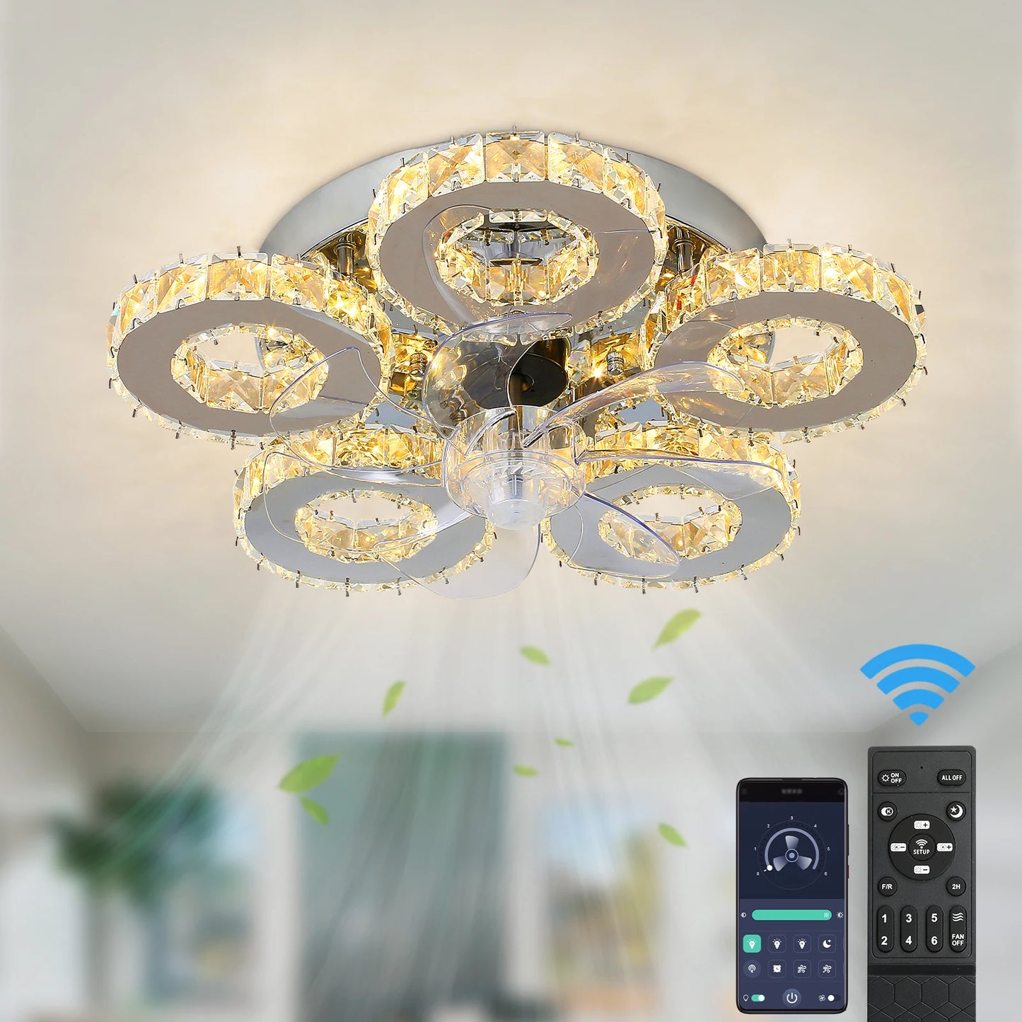 Luxury Crystal Ceiling Fan Led Lamp Smart APP RC Modern Fan Light Chandelier Home Decor Chandelier Living Dining Room Fixture