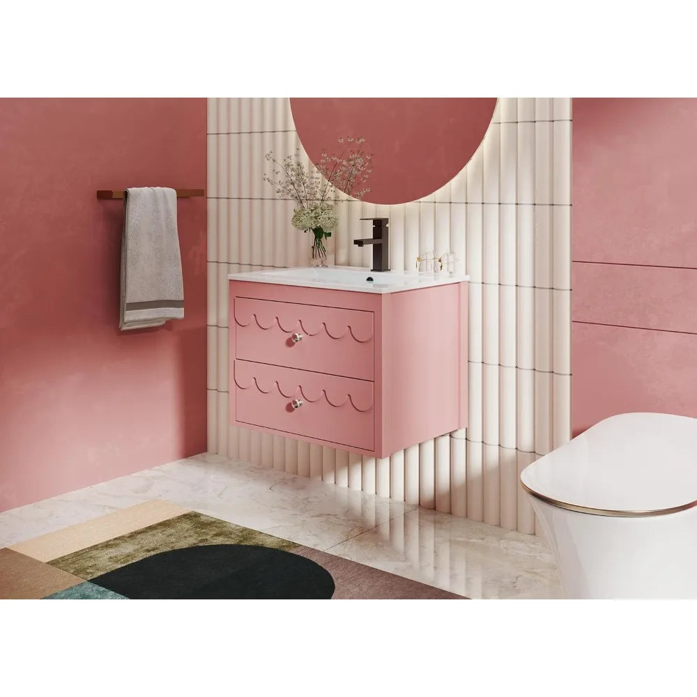 24" Floating Bathroom Vanity with Sink Combo, Modern Painted Wall-Mounted Vanities Storage Cabinet with Scalloped Decor, Underm