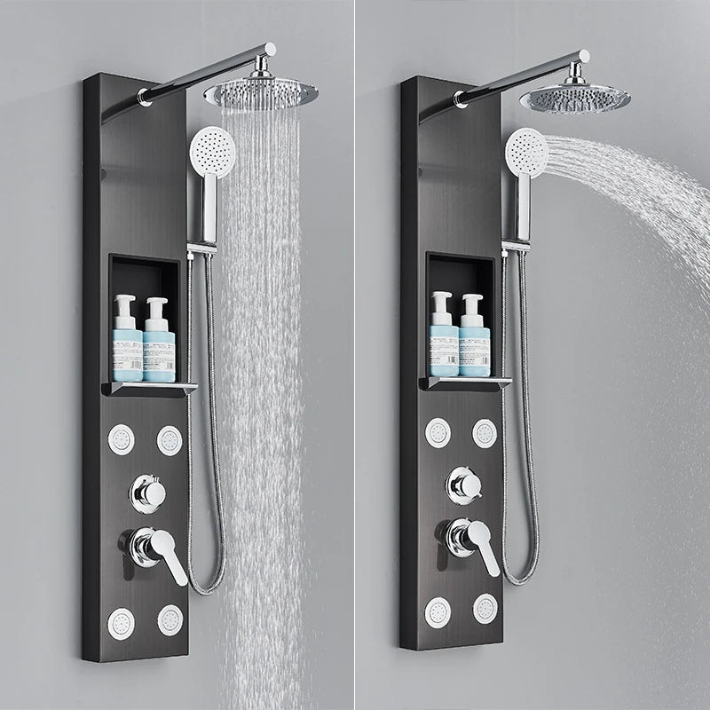 Shower Panel Rainfall Shower Faucet Set SPA Massage Jet Bath Shower Column Double Handle Mixer Tap Tower With Storage Rack