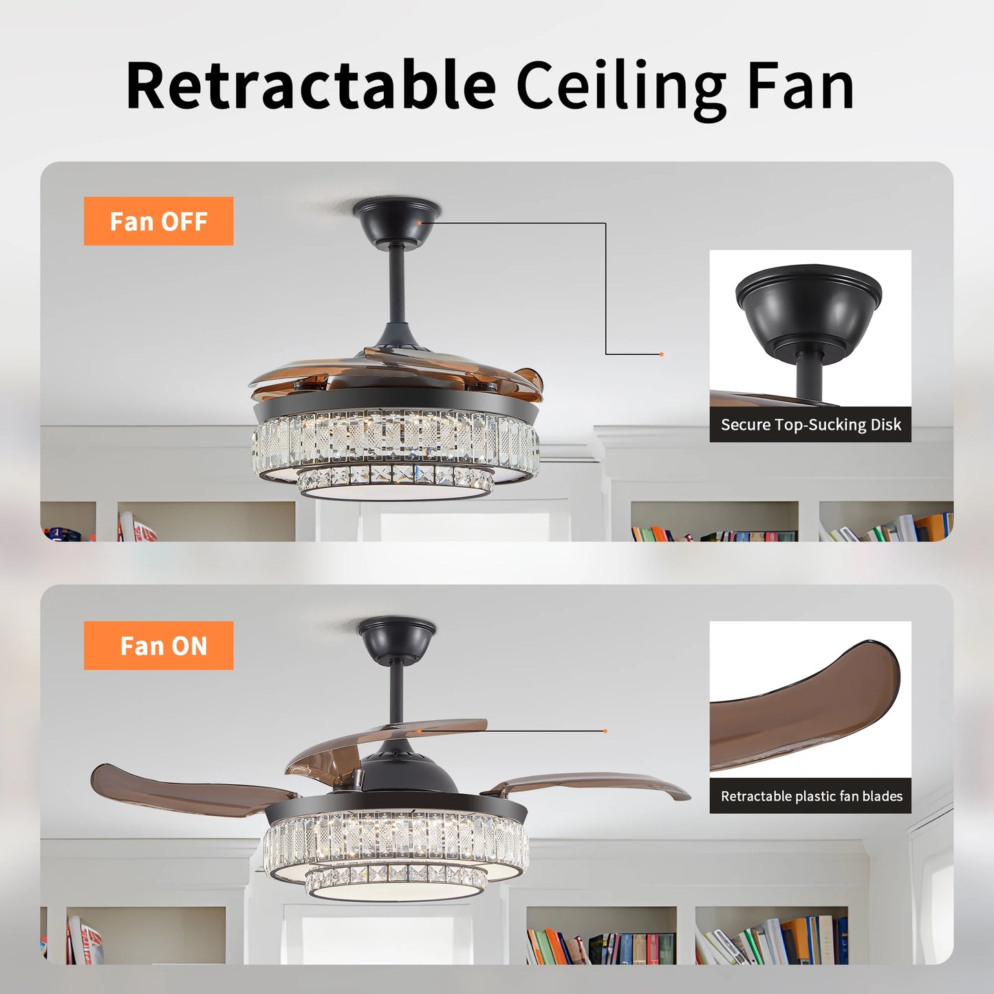Contemporary LED Retractable Ceiling Fan with Light and Remote Control, Quiet Reversible Motor,4 Blades Modern Ceiling Fans