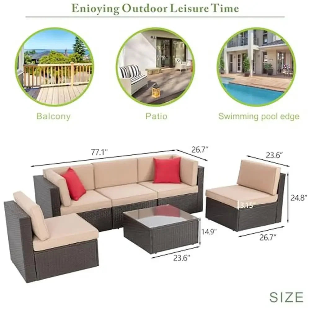 Outdoor Patio Furniture Set Wicker Rattan Sectional Sofa Glass Coffee Table Beige Cushions Gift Seat