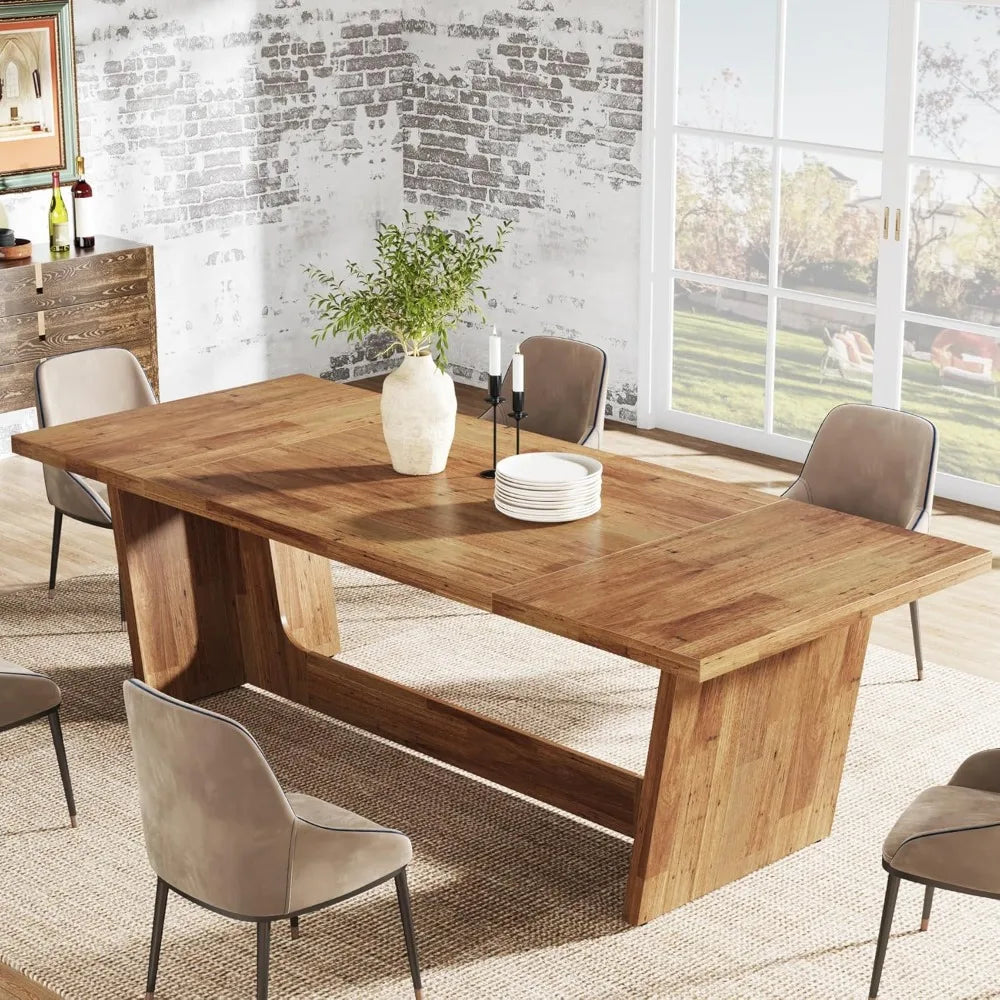 70.87-Inch Dining Room Table: Wood Large Dining Table for 6-8 People, Rectangular Farmhouse Kitchen Table with Solid Pedestal