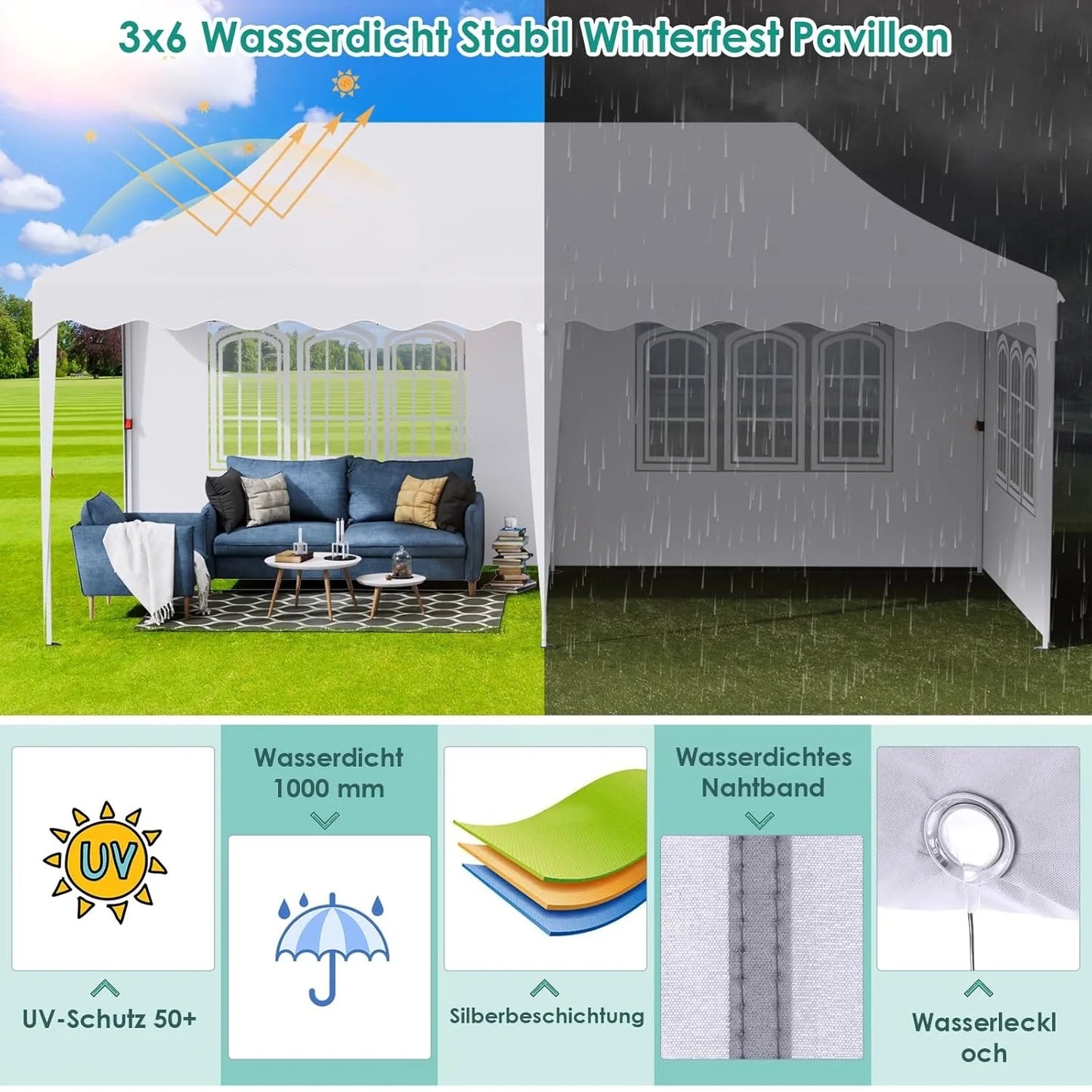 Canopy 3x6m Pop Up Pavilion Gazebo Tent with All Sidewalls, Waterproof Commercial Canopy Outdoor Instant Gazebo UV50+ Party Tent