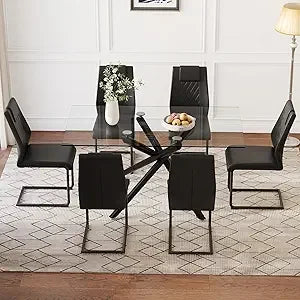 Modern Dining Table Set for 6, 63" Dinner Table Set for 6,Marble-Patterned Tempered Glass Kitchen Tabletop Silver Legs and 6 Bla