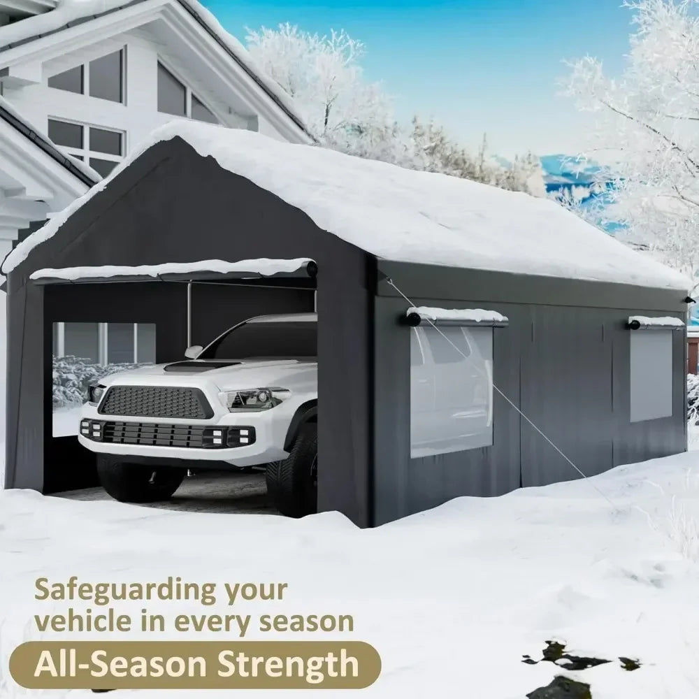 12' X 20' Heavy Duty Portable Garage, Carport Canopy with Side Door and Roll-Up Window, Carport Canopy Reinforced Four-Hole Base
