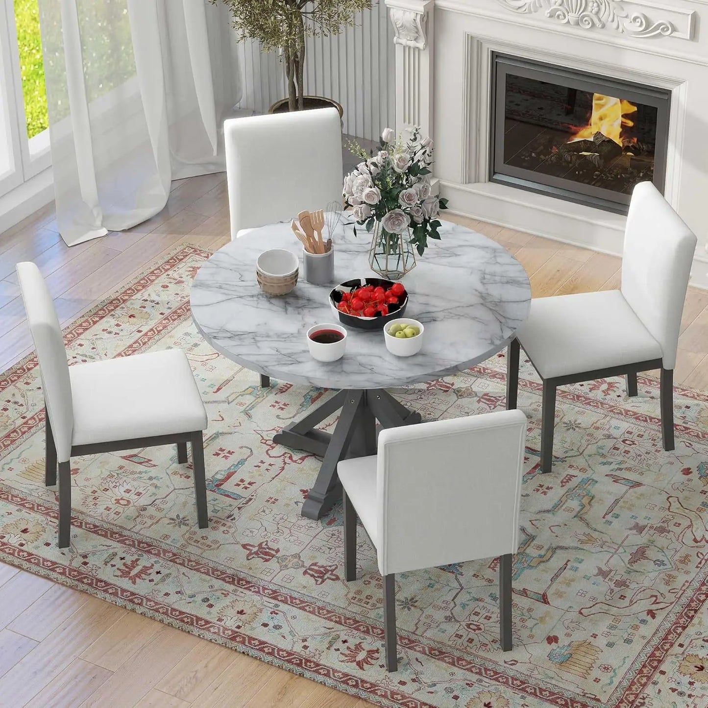 5-Piece Round Dining Table Set, Mid Century Modern Round Dining Table for 4-6 Person, Round Dinner Table with 4 Upholstered