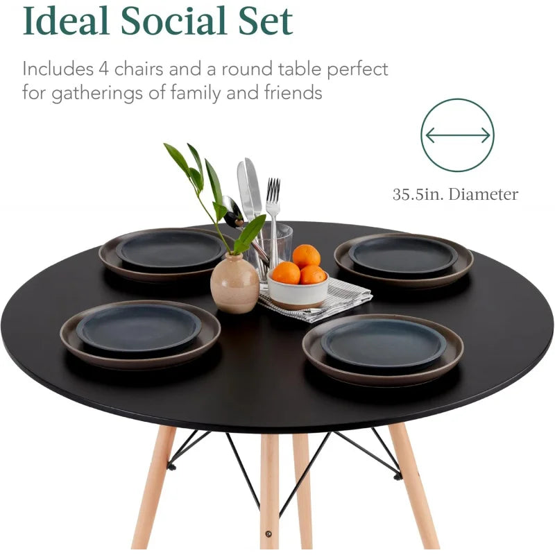 5-Piece Dining Set, Compact Mid-Century Modern Table & Chair Set for Home, Apartment w/ 4 Chairs, Plastic Seats, Wooden Legs