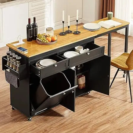 Kitchen Islands with Extendable Dining Table, 81.7" Mobile Kitchen Storage Islands, Rolling Kitchen Cart with Trash Cabinet, Pow