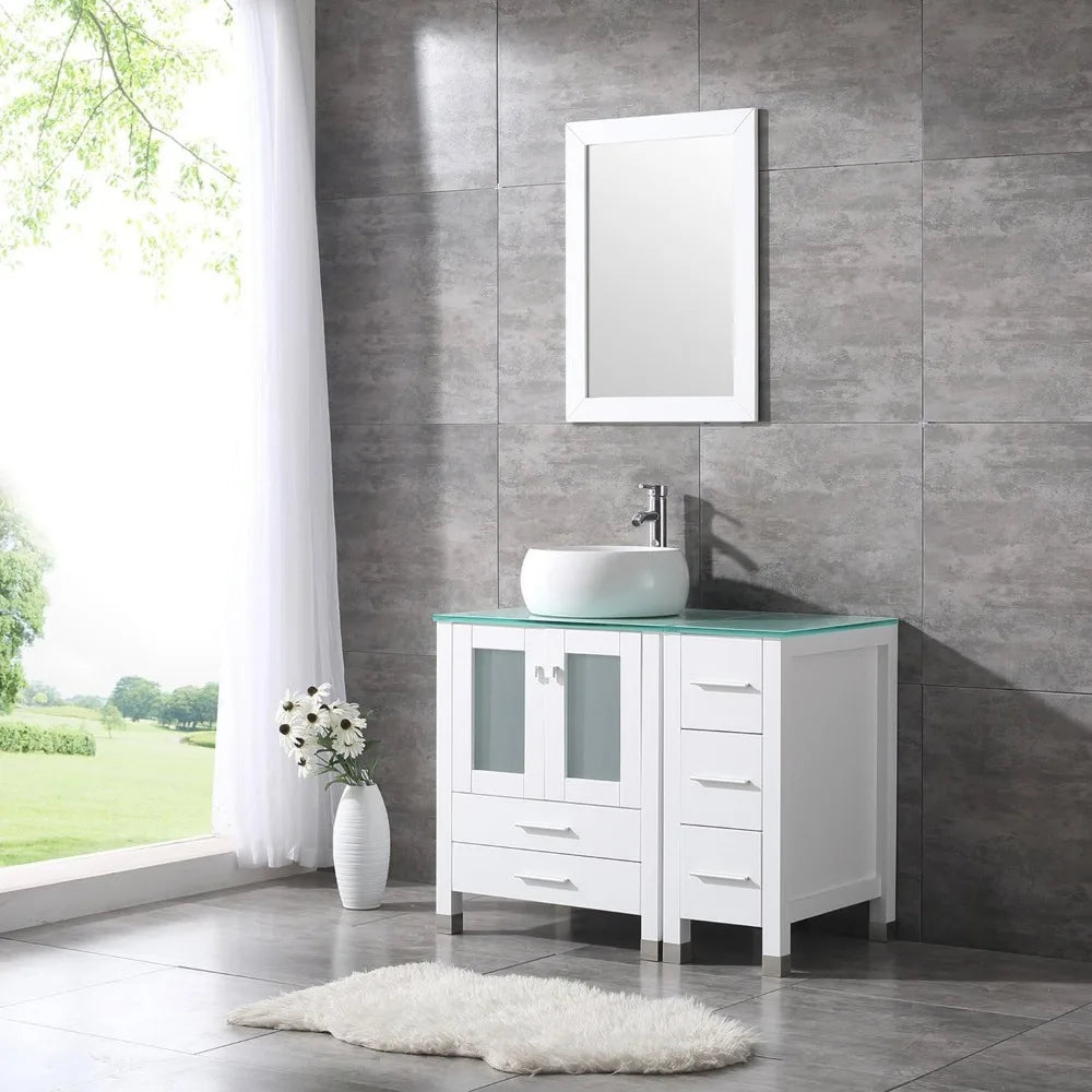36” White Bathroom Wood Vanity Cabinet Top Ceramic Vessel Sink Faucet Drain Combo with Mirror Vanities Set