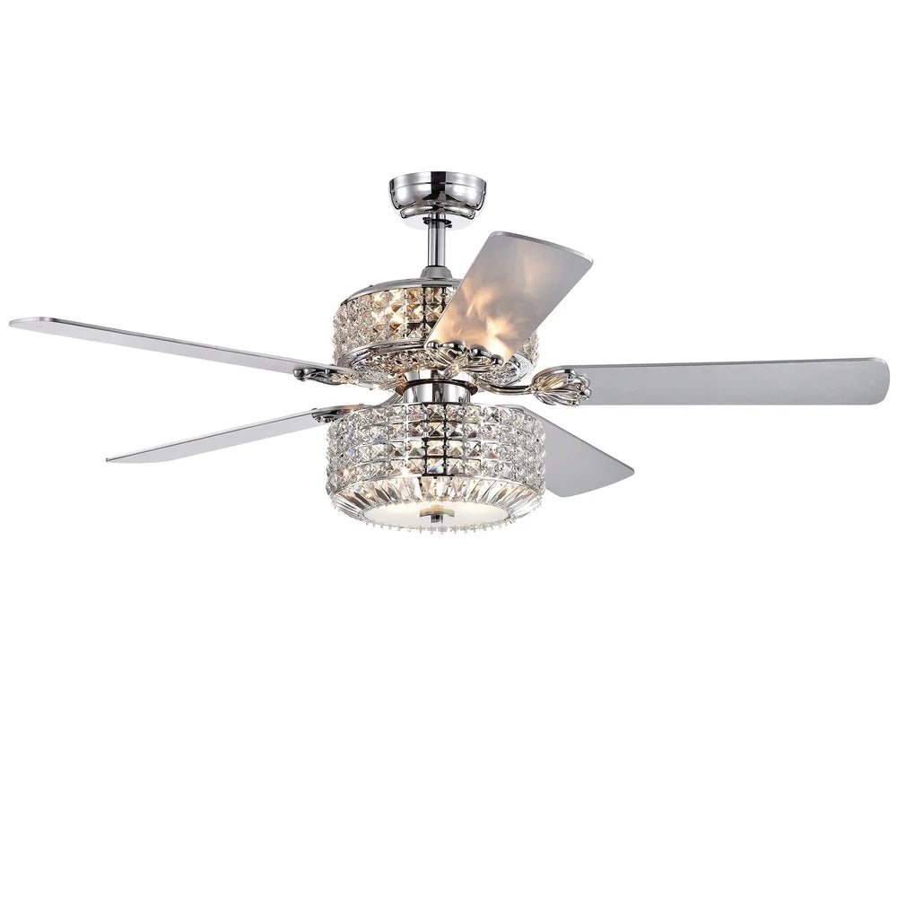 Elegant Chrome Lighted Ceiling Fan 52 Inch with Crystal Shades Remote Control Three Speed Motor Reversible Blades Six Lights