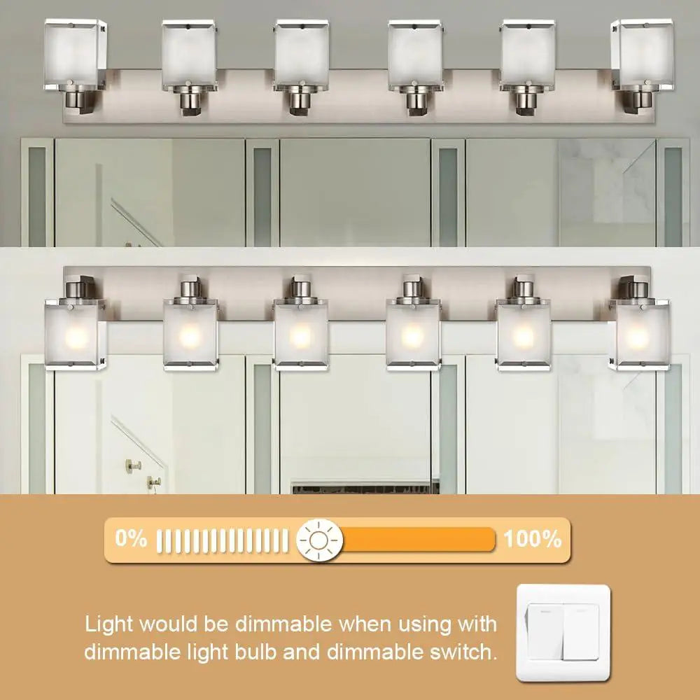 Modern Black Bathroom Vanity Light Fixture with 6 Frosted Glass Rectangular Shades