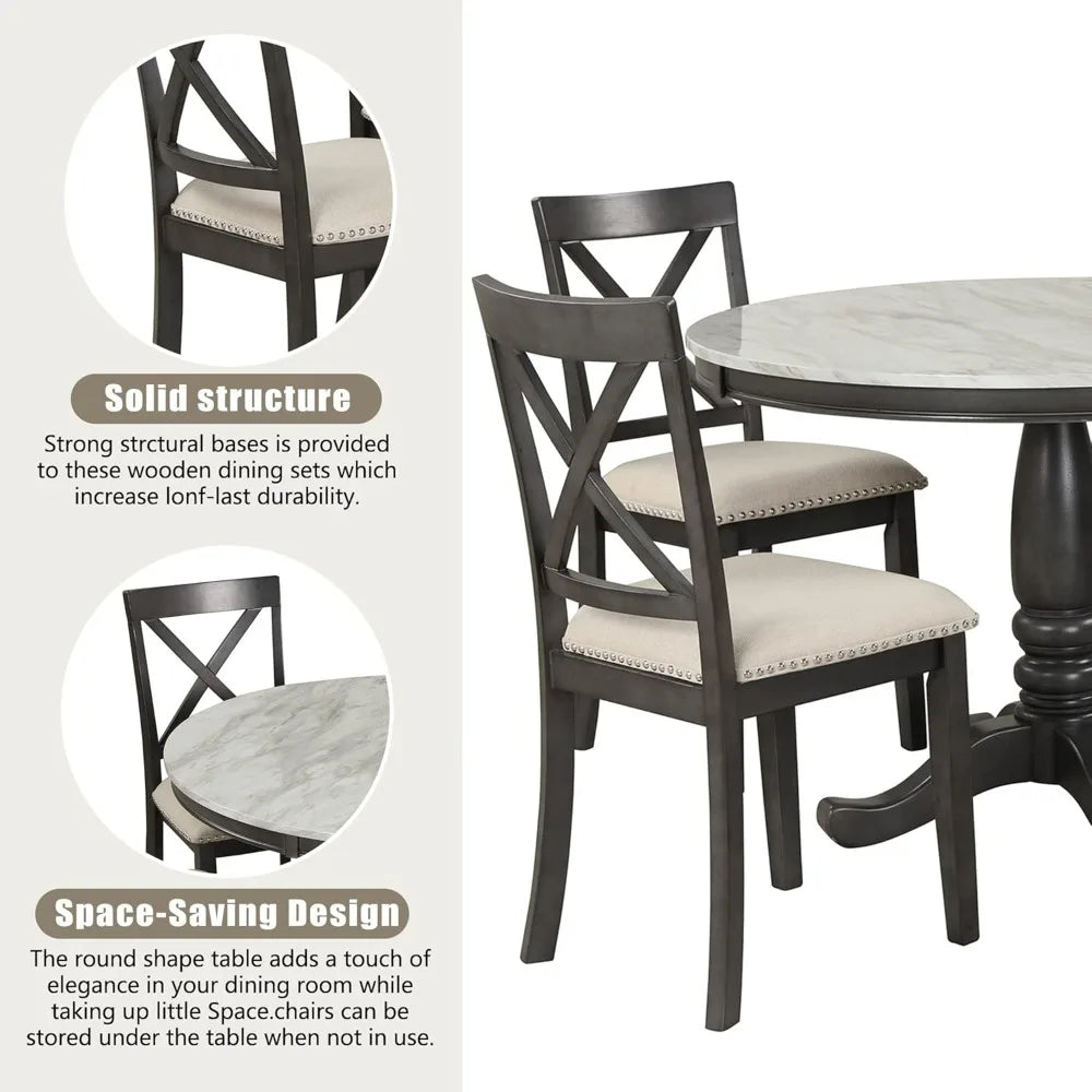 5 Pieces Dining Table and Chairs Set for 4 Persons, Farmhouse Rustic Modern Kitchen Room Solid Wood Pedestal Table with 4 Cross