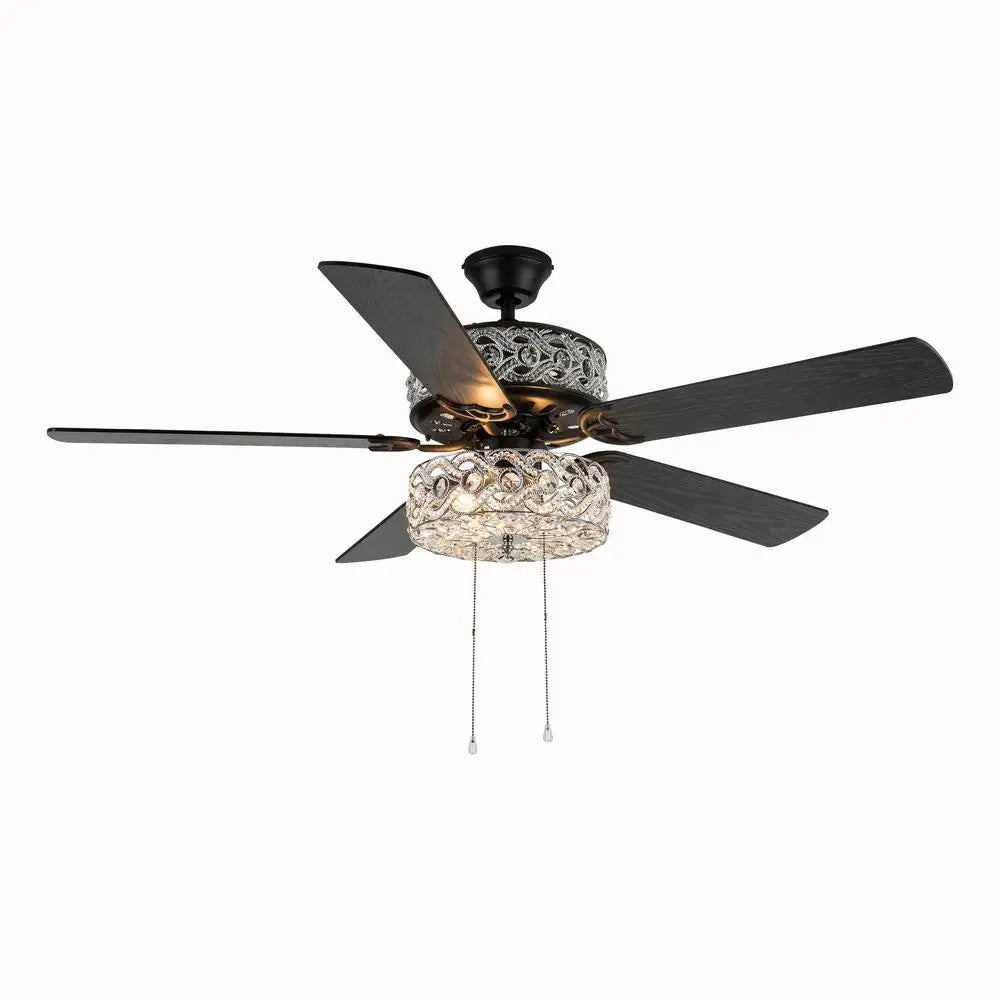 52 Inch 5 Blade Crystal LED Ceiling Fan with Light Reversible Blades Three Speed Motor Flush Mount Downrod Installation