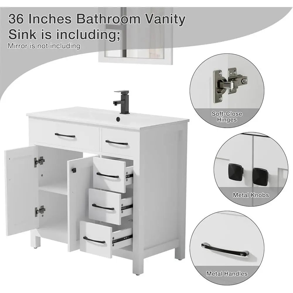 36 Inch Bathroom Vanity Sink Combo Modern Storage Cabinet with Ceramic Sink Durable MDF 2 Doors 3 Drawers Easy Assembly