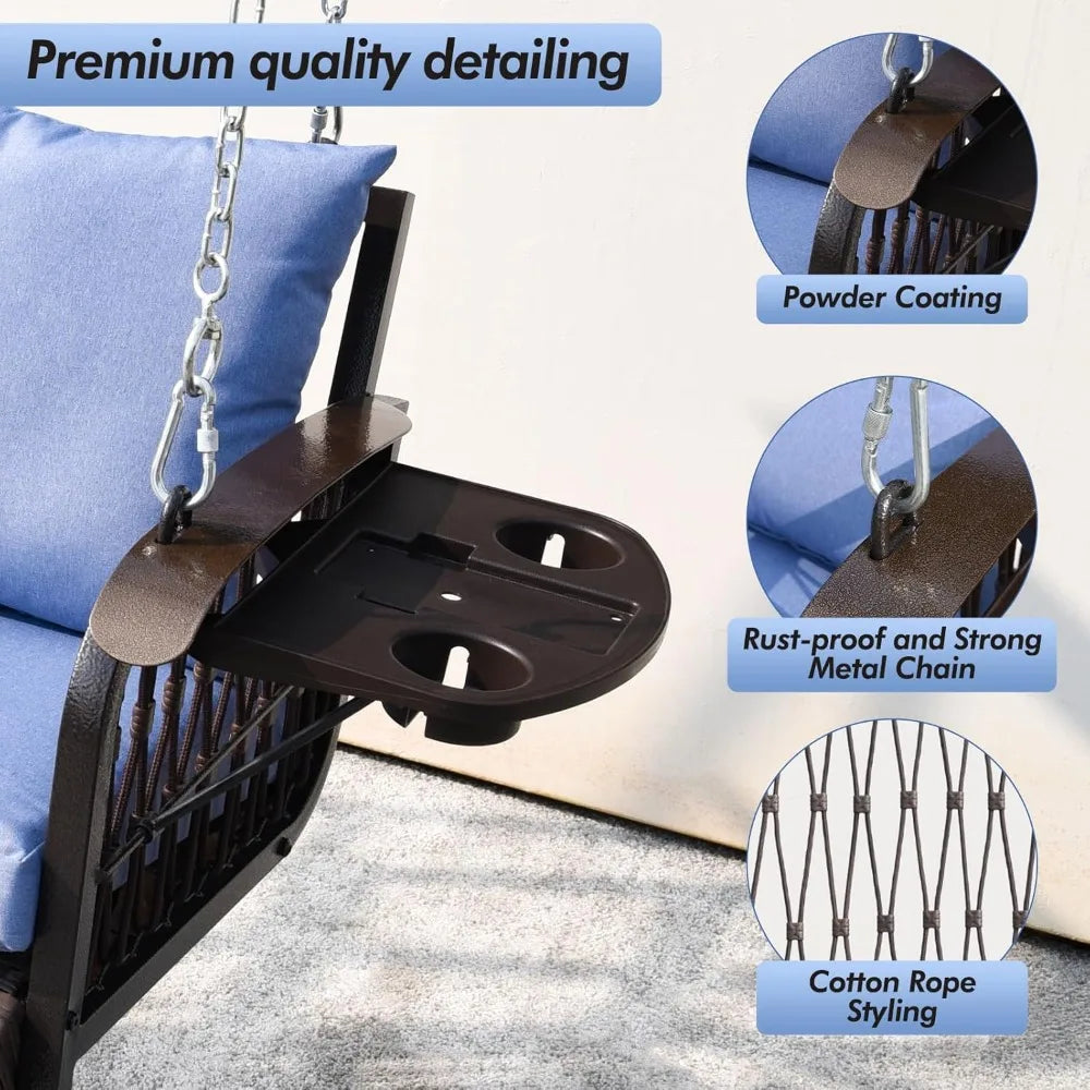 Wicker Porch Swing Heavy Duty 900 LBS 3-Seat Outdoor Patio Swing Chair with Cushions & 8.9ft Chains Outdoor Hanging Bench with U