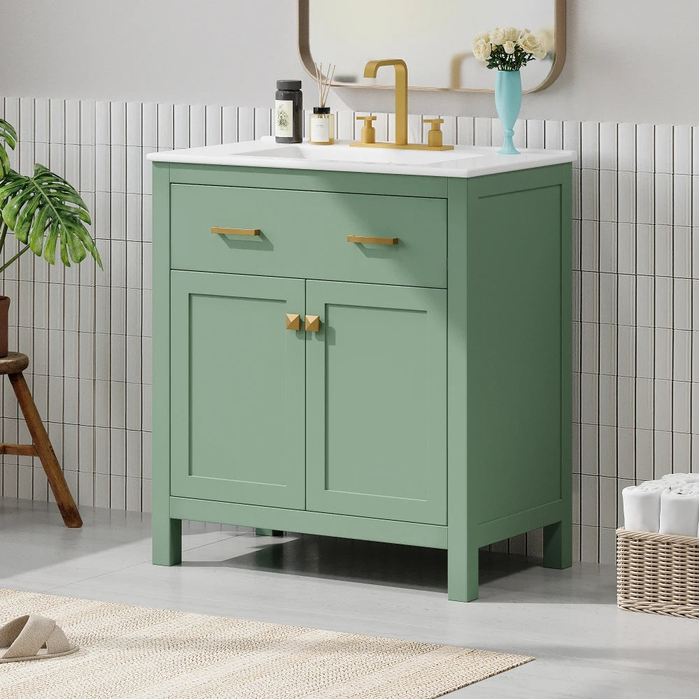30-inch Bathroom Vanity with Ceramic Sink, Modern White Single Bathroom Cabinet with 2 Doors and a Shelf, Soft Close Doors